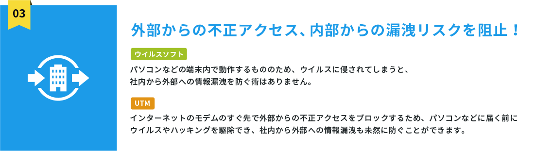 【セキュリティ対策にUTMが選ばれる理由】外部からの不正アクセス、内部からの漏洩リスクを阻止！